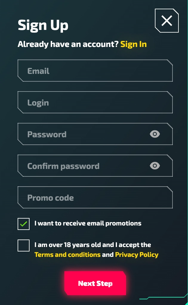 Registratie via de website van Zer Casino